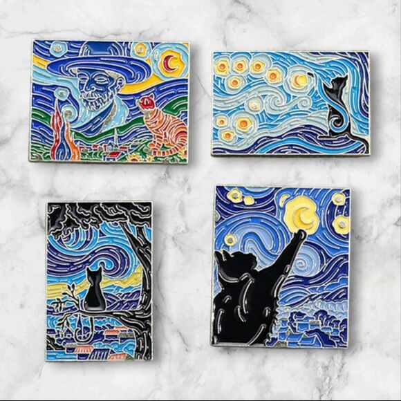 Starry Night Black Cat Enamel Pin Van Gogh Oil Painting Brooch Lapel Badge Set 4 - Picture 1 of 14